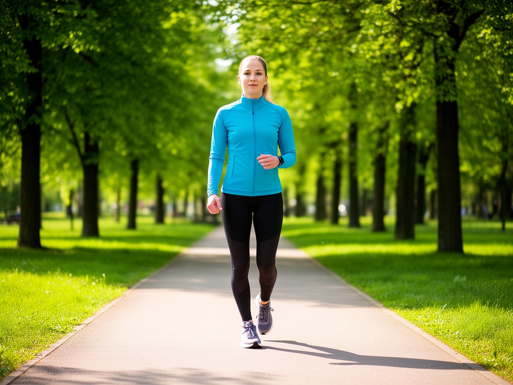 Особа у спортској одећи шета пешачком стазом у зеленом парку за сунчаног јутра, приказ активног и здравог начина живота без медицинских конотација