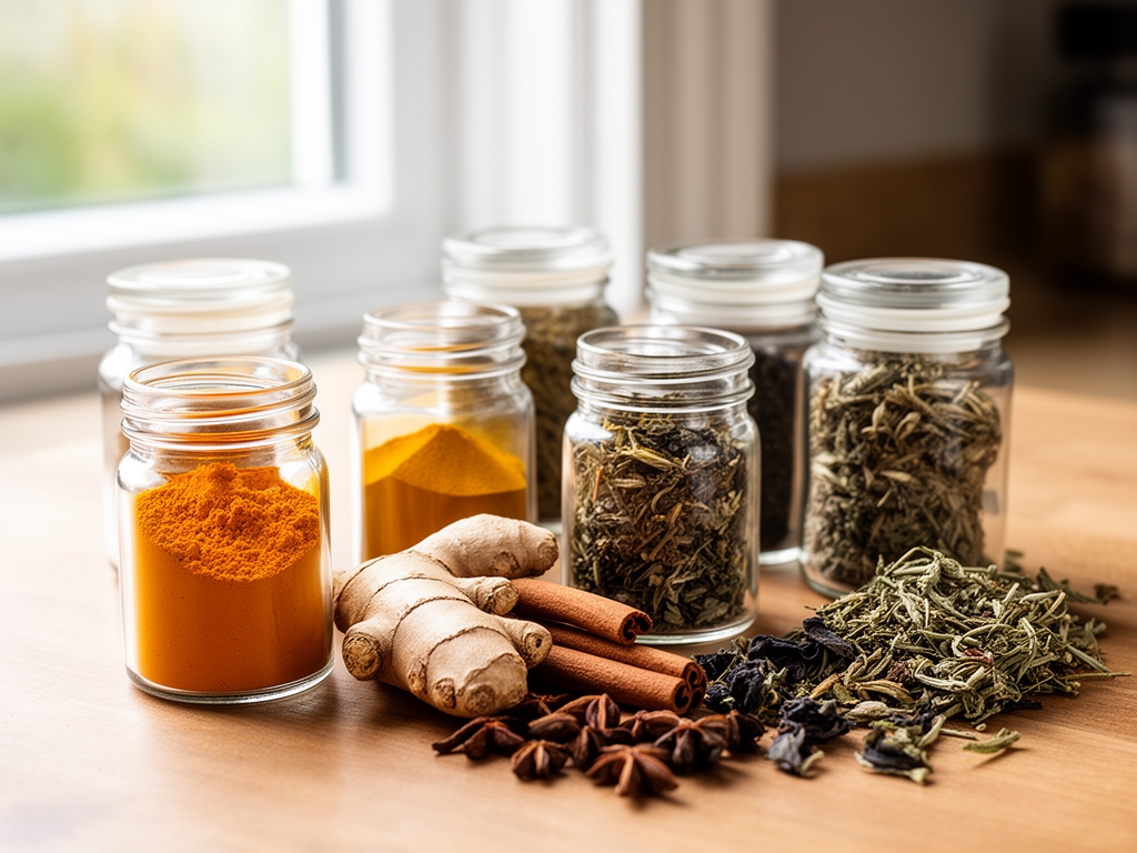 Природне биљке и зачини у малим стакленим тегламa: куркума, ђумбир, цимет и осушене биљке на кухињском столу уз природно светло које пробија кроз прозор